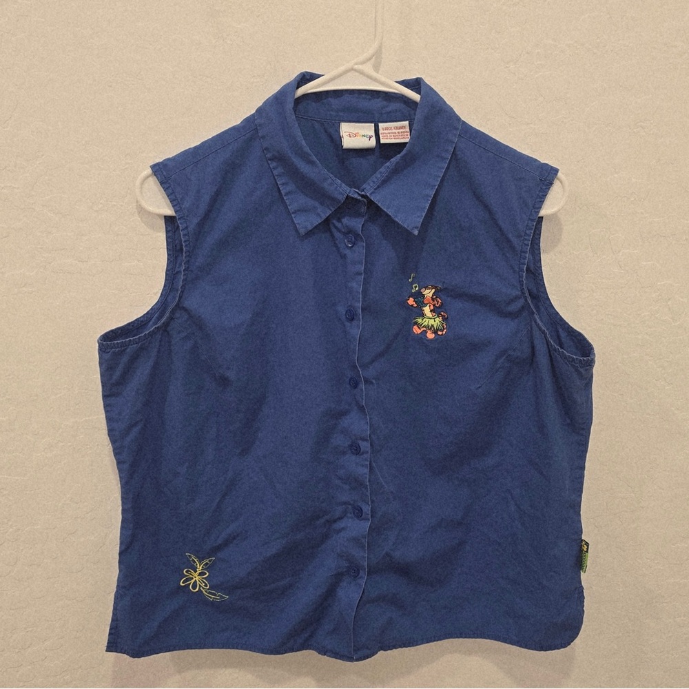 Disney Hula Tigger Shirt Womens Large Button Front Sleeveless Embroidered